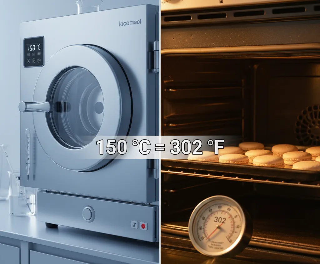 Split image showing 150 C displayed on a lab oven next to a baking oven with a thermometer reading 302 F and macarons. This visually represents the 150 C to F conversion.