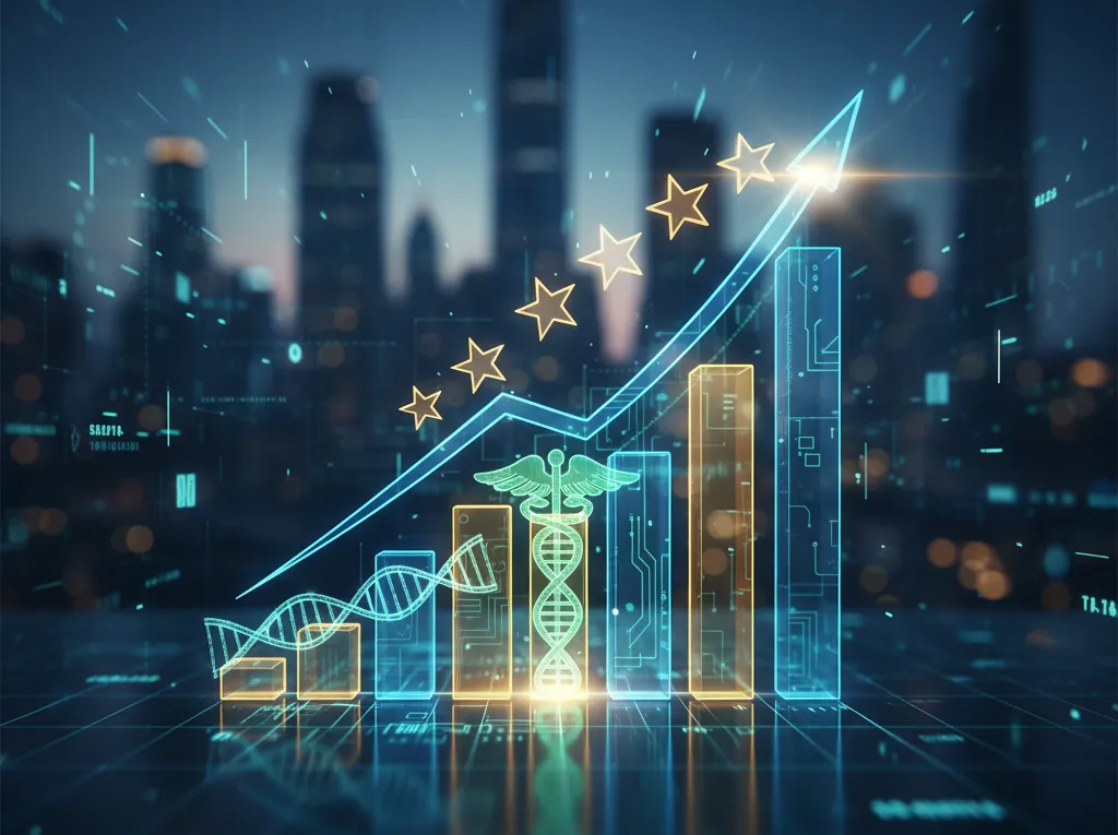 Digital blue and orange bar chart showing upward financial growth and five stars, with a DNA helix and Caduceus symbol, representing expert 5starsstocks.com healthcare investment analysis.