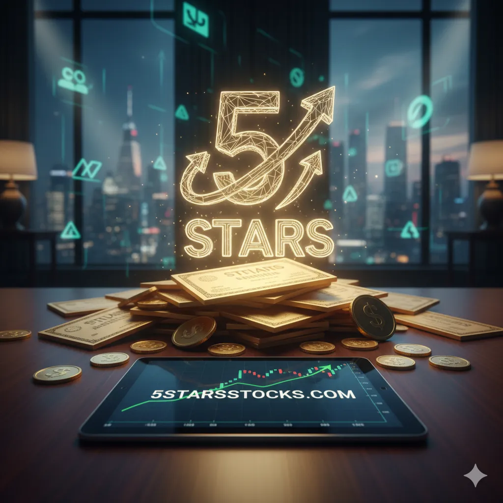 Digital overlay showing a glowing "5 Stars" symbol and an upward arrow above a tablet displaying a stock chart with the text "5starsstocks.com"
