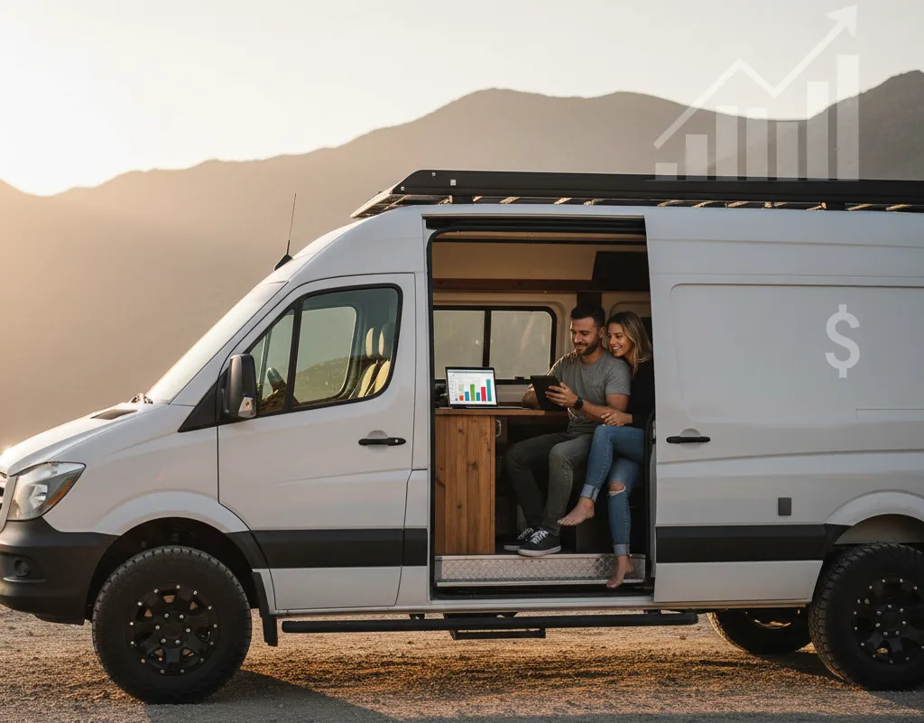 Couple sitting in a white camper van with a laptop open, planning their camper van finance with a financial growth chart overlay.