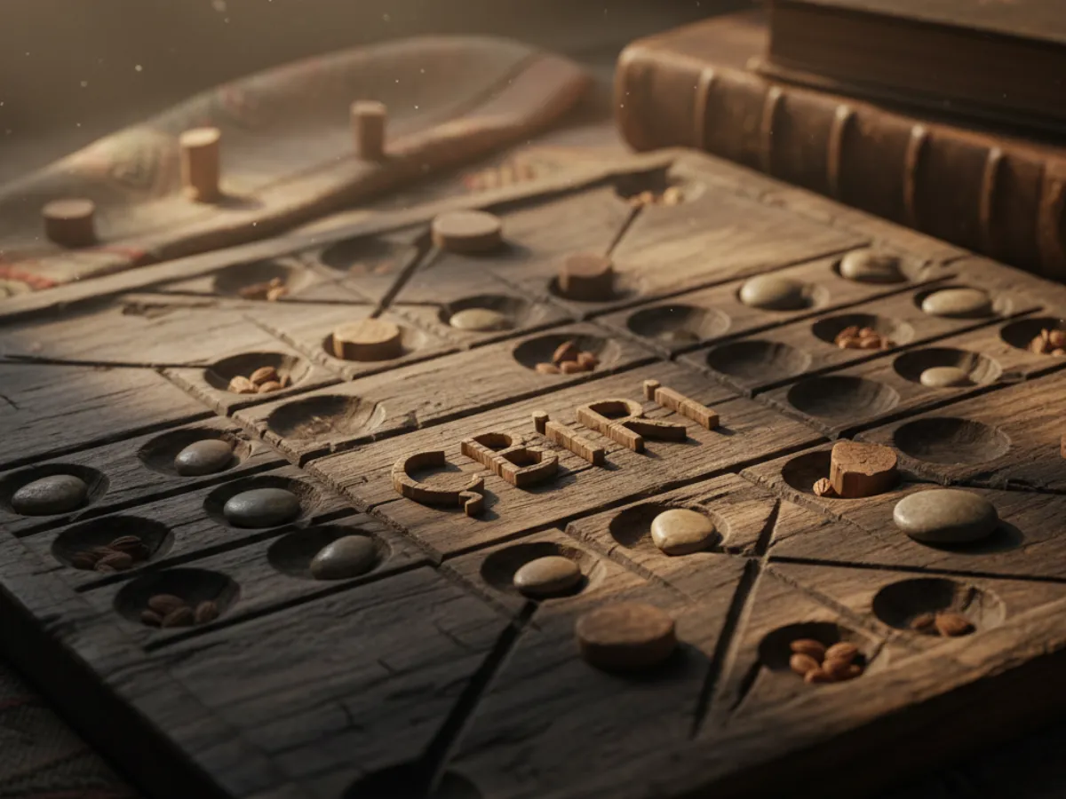 A close-up of a dark wooden, ancient-looking strategy board game, possibly **Çbiri**, with carved wells holding natural stones and dried beans, next to stacked old books.