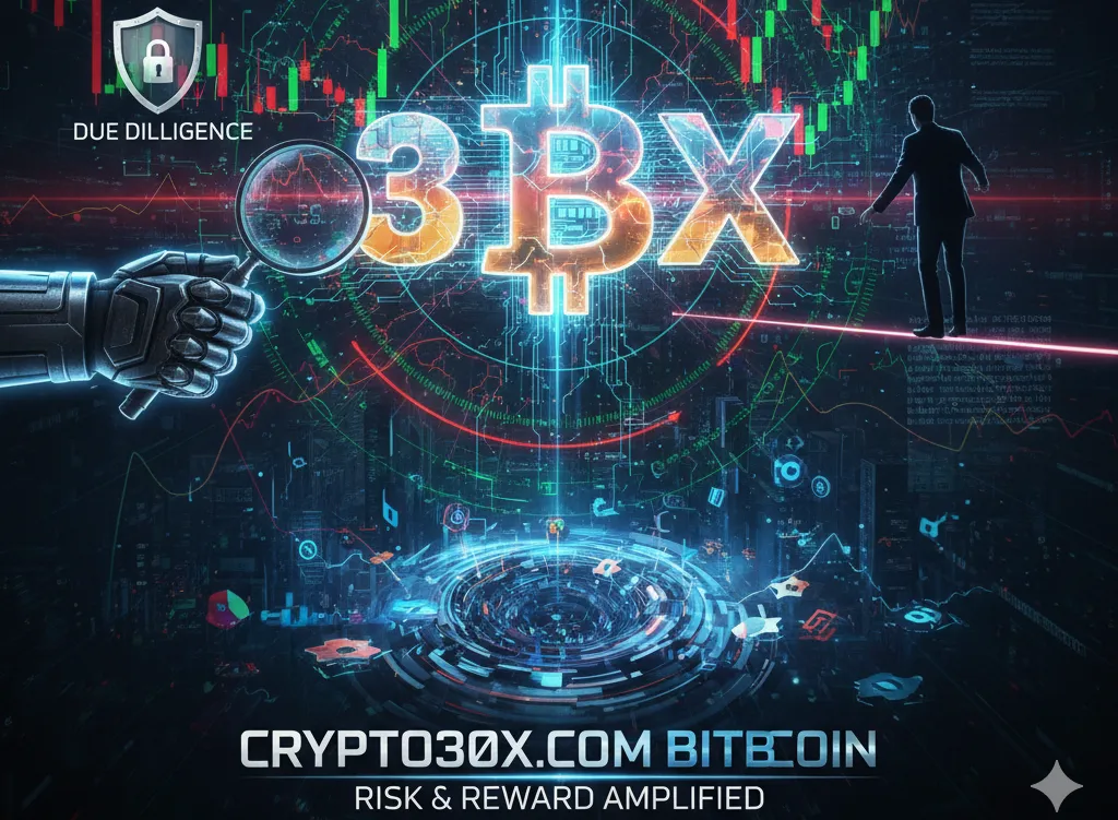 Expert analysis graphic showing high-risk 30X leverage trading on Crypto30X.com Bitcoin platform. Features a magnifying glass examining the glowing '30X' text over a volatile candlestick chart.