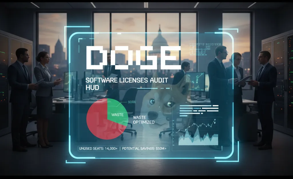 A futuristic HUD interface displaying a 'DOGE Software Licenses Audit HUD' report with a waste-versus-optimized pie chart and a small, stylized Doge icon, overlaid on a busy government IT office overlooking the Capitol building.