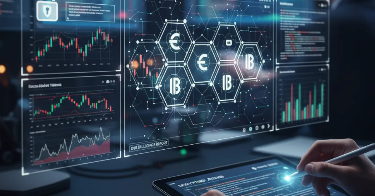 Holographic screen showing Ecryptobit.com tokens analysis, crypto charts, and a due diligence security report.