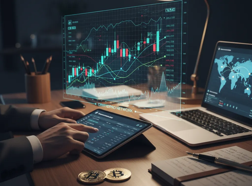 A professional in a suit analyzes a holographic, green-and-red crypto candlestick chart while using a tablet, symbolizing the strategic management of digital assets and illustrating the core intent of finance cryptopronetworkcom.