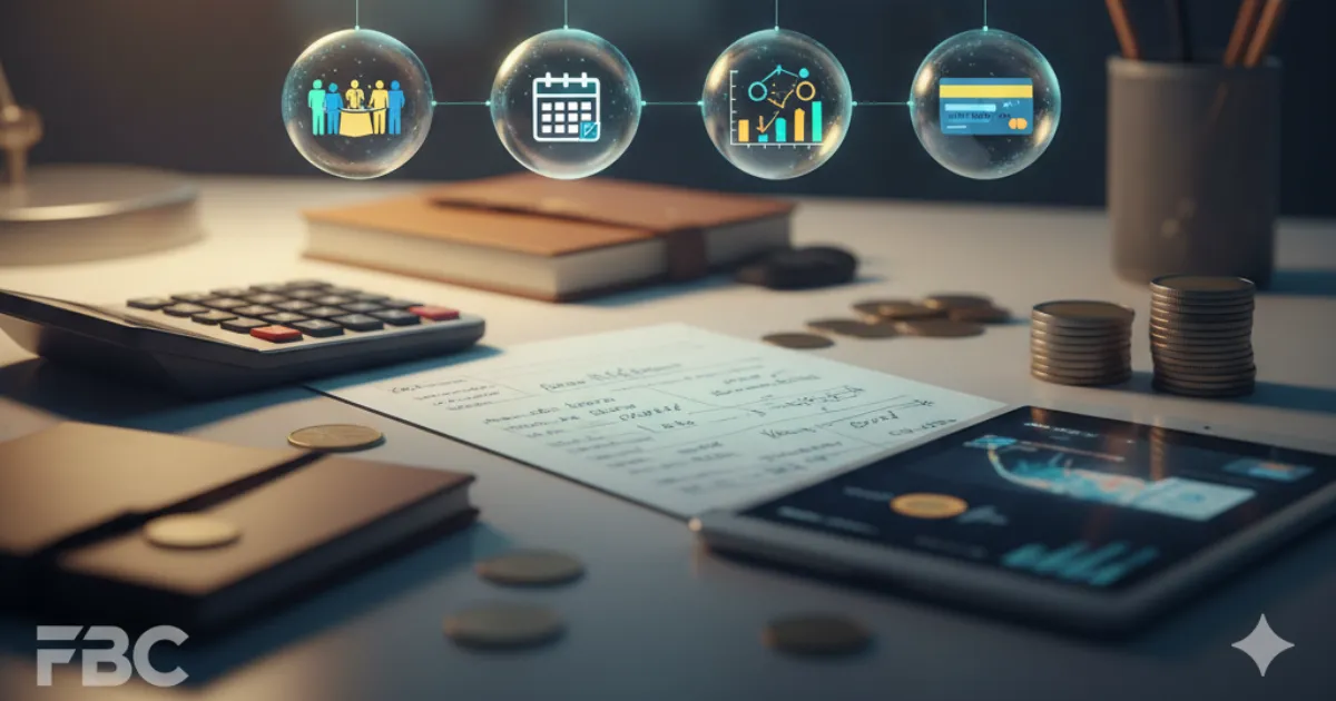 Close-up of a desk showing the calculation $253.08/4 = $63.27 floating above icons representing shared expenses, quarterly payments, investment diversification, and debt management.