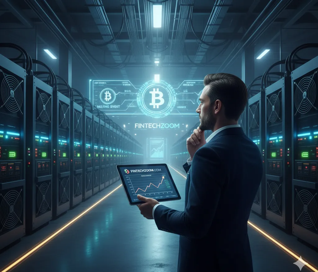 Fintechzoom Bitcoin mining profit analysis with executive viewing data on tablet.