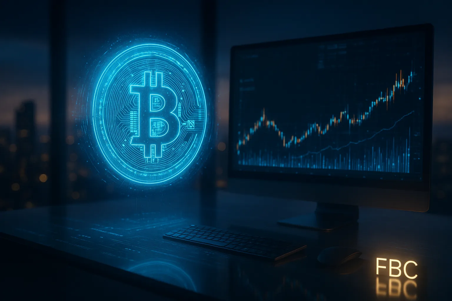 Futuristic financial workspace with holographic Bitcoin and glowing FBC logo on digital screens