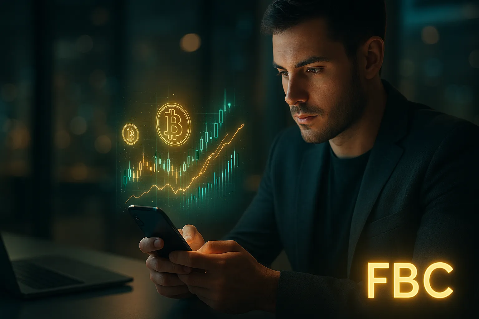 Fintechzoom.com Bitcoin Wallet futuristic digital illustration showing Bitcoin data visualization