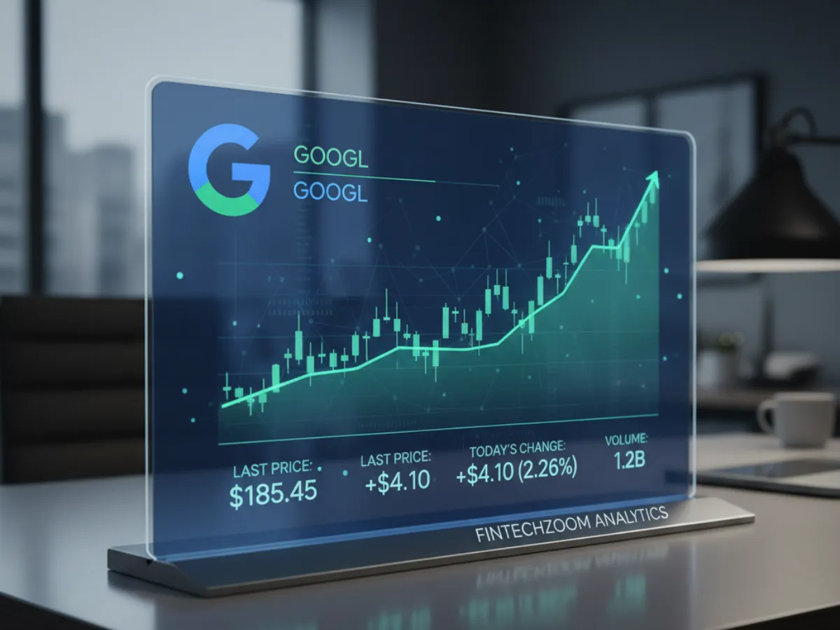 A futuristic, transparent display showing a vibrant green, upward-trending stock chart for Alphabet (GOOGL/GOOG) with the Google logo and the text 'FintechZoom Analytics'.