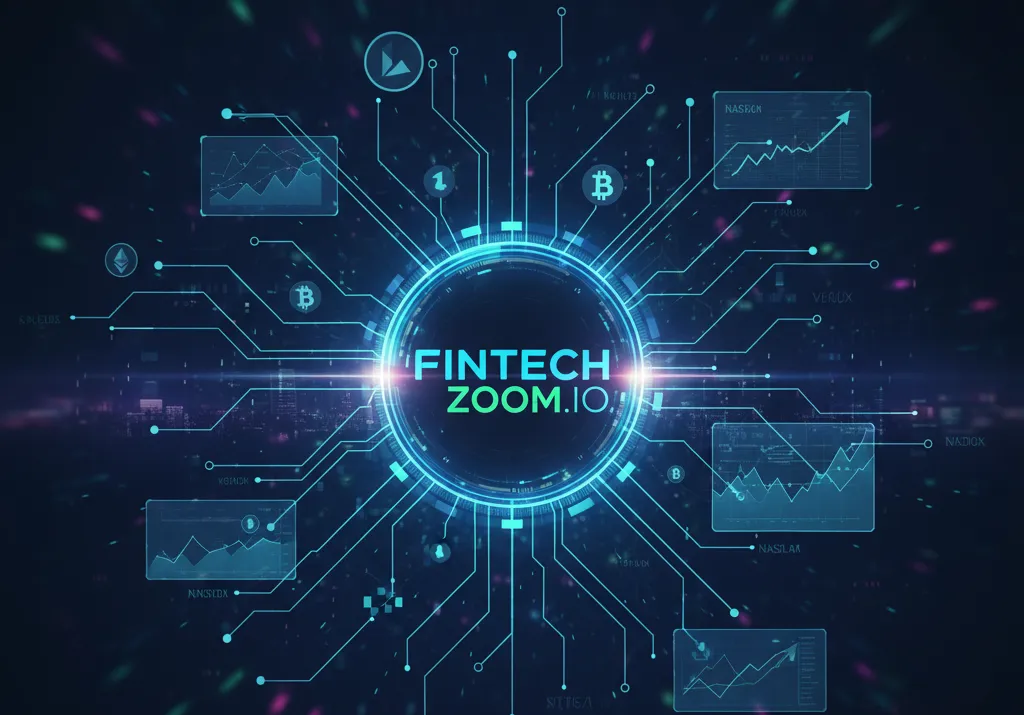 Fintechzoom.io logo centered in a glowing blue digital circuit network showing market data charts, crypto symbols, and the NASDAQ index, symbolizing comprehensive FinTech analysis.