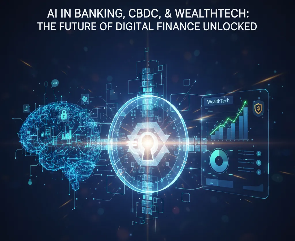 Futuristic graphic from fintechzoom.io illustrating a digital brain (AI in Banking), a secure keyhole icon (CBDC), and a financial chart (WealthTech) to symbolize the future of digital finance.
