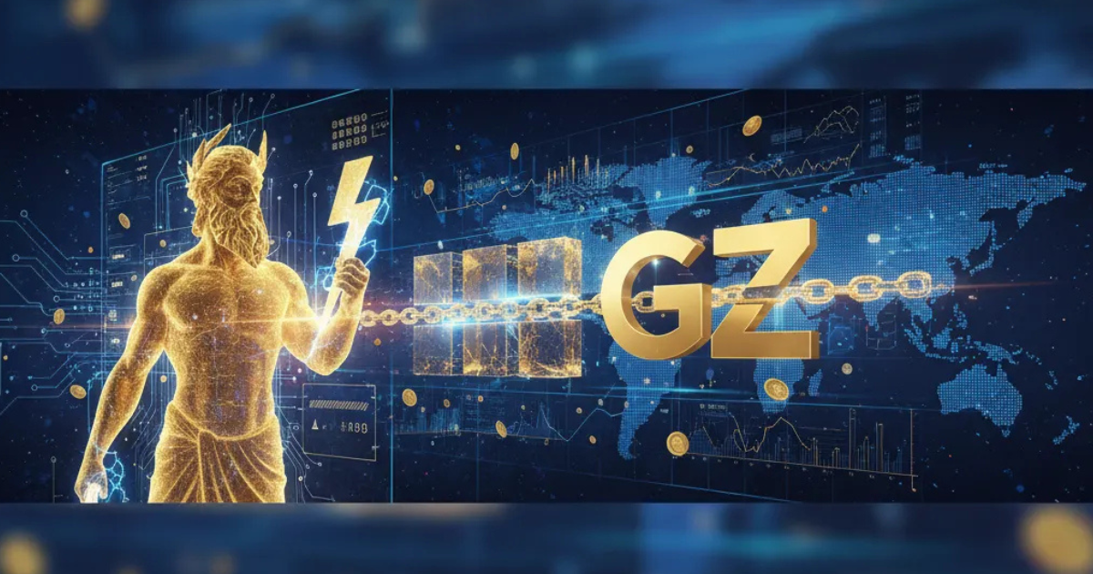 Goldzeus platform blending digital Zeus with blockchain and gold investment data charts, symbolizing innovation and trust.
