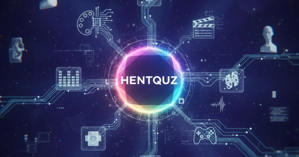 Hentquz digital art showing a central node connecting pathways for AI, VR, gaming, music, and sculpture, illustrating the future of creative collaboration.