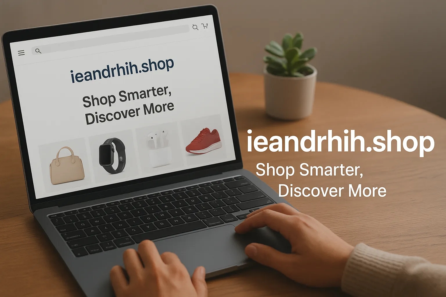 A person browsing ieandrhih.shop on a laptop with product images and the tagline “Shop Smarter, Discover More.”