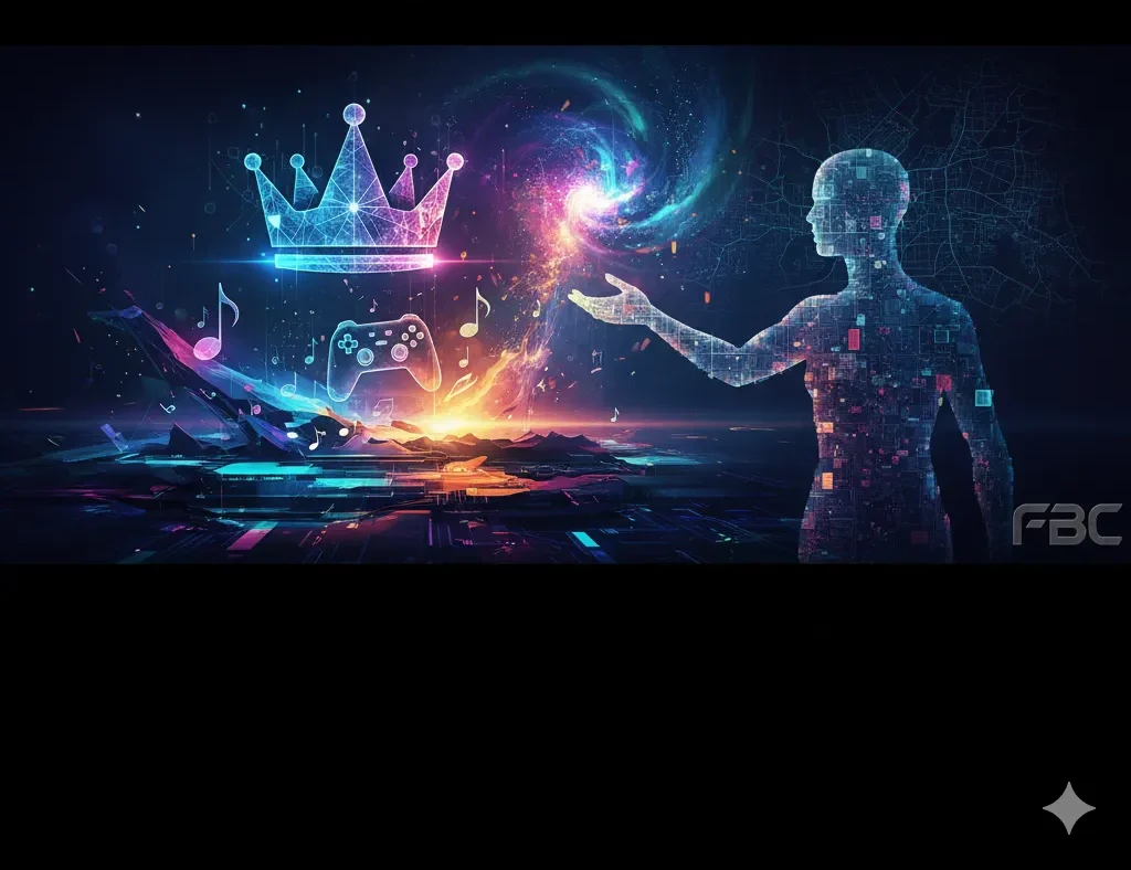 Futuristic digital art representing Kingxomiz: a glowing humanoid figure reaching toward a nebula, surrounded by a neon crown, a gaming controller, and music notes, symbolizing creative mastery and innovation.