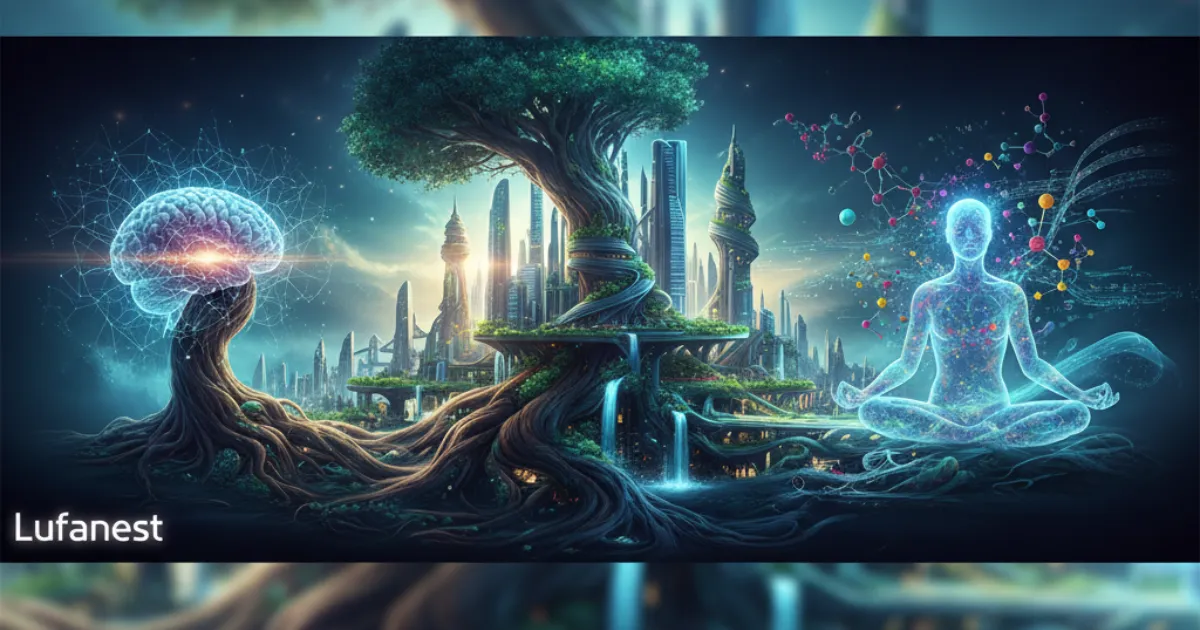Futuristic cityscape with skyscrapers interwoven with giant tree roots, symbolizing the Lufanest framework, connecting technology (digital brain, molecular structures) and nature (tree, roots, water) for adaptive intelligence.
