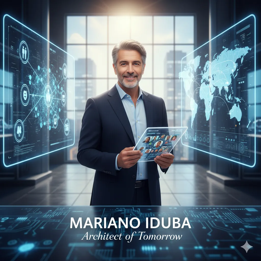 Mariano Iduba, smiling visionary in a suit, holding a transparent tablet displaying diverse faces, with a holographic world map and interconnected data streams floating around him in a modern, sunlit office.