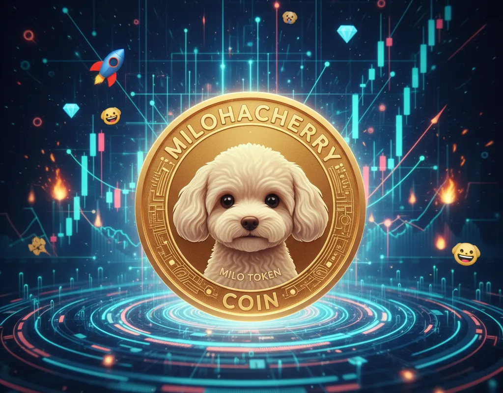 Golden Milohacherry Coin (Milo Token) featuring a cute poodle mascot on a cryptocurrency trading chart background with rockets and digital lines.