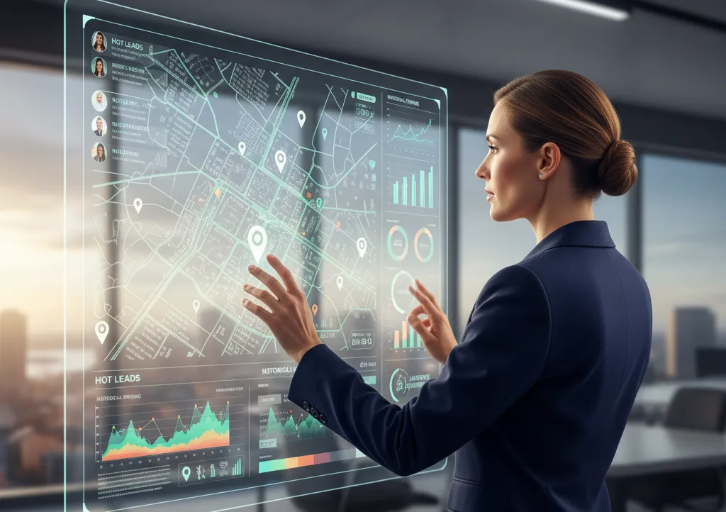Real estate professional using the **Pigeimmo** AI dashboard to analyze **real-time data** and qualify **real estate leads** on a holographic city map.