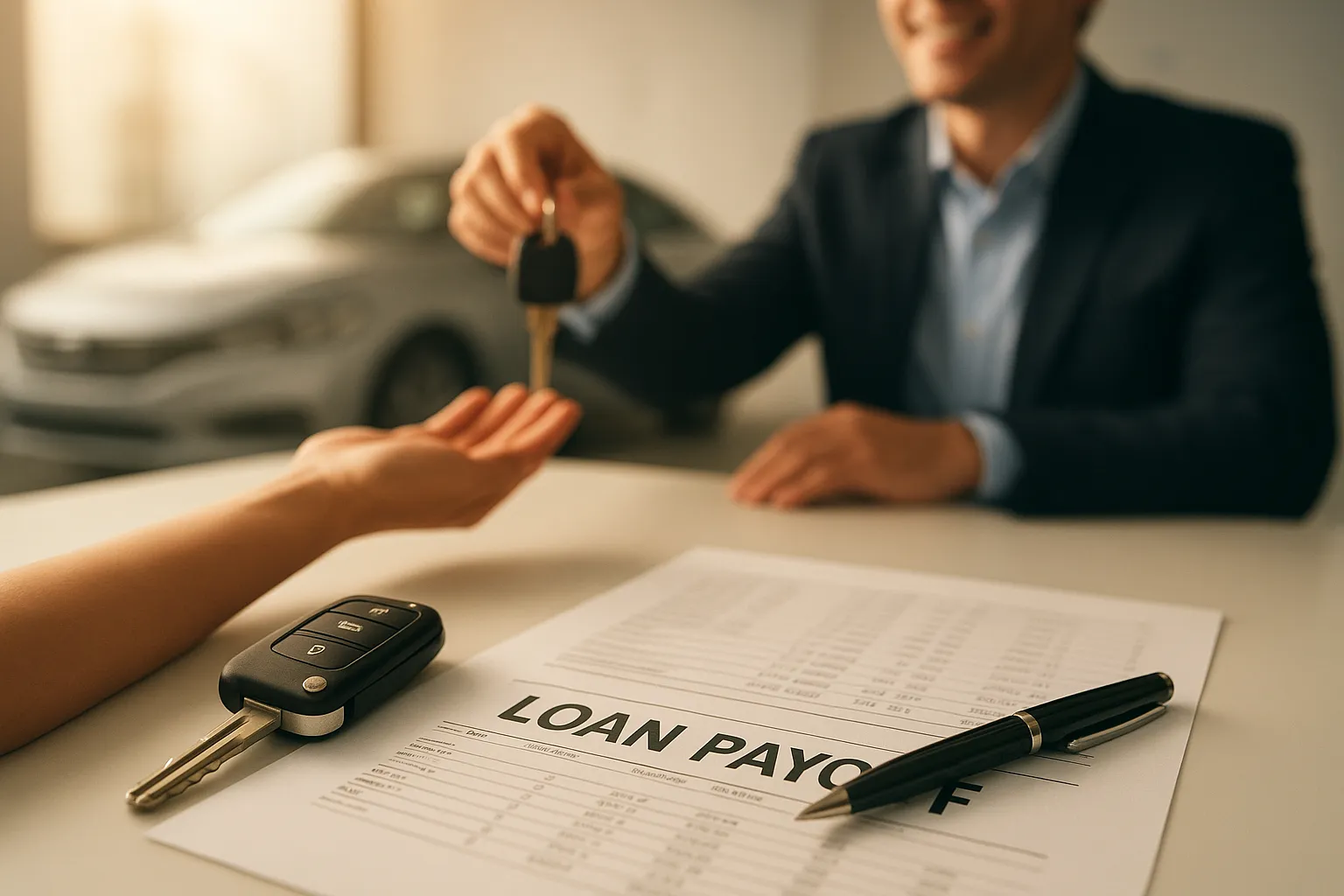 Guide to selling a car with a loan, shown by a desk with keys and payoff documents and a successful handshake between buyer and seller in the background.