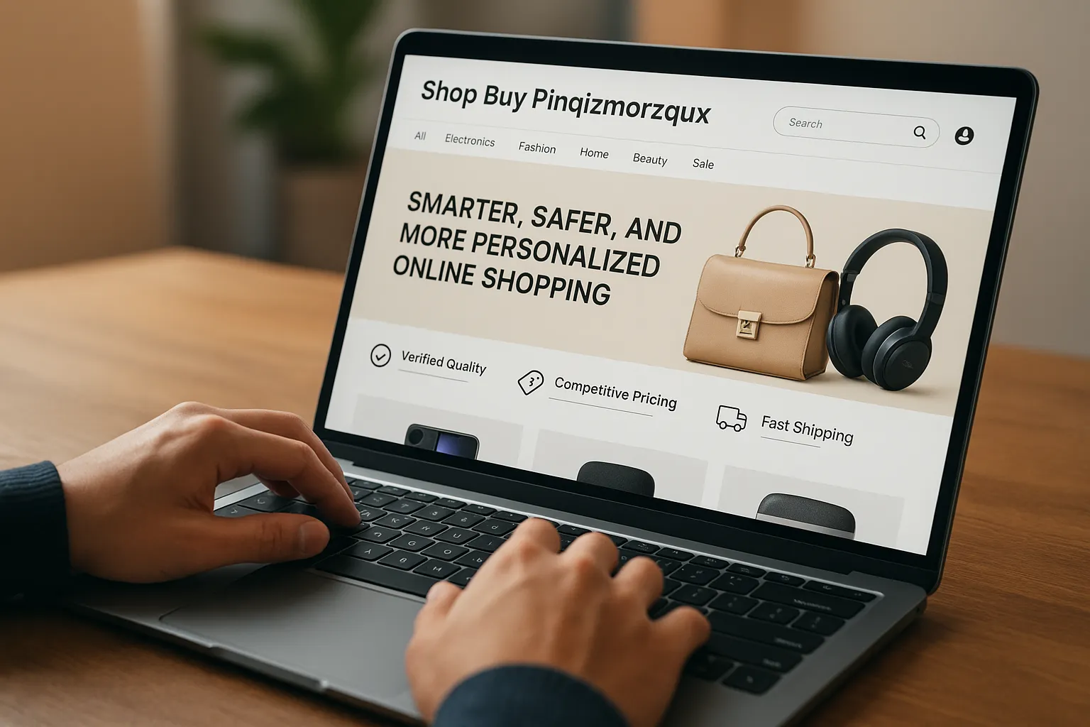 Person browsing the Shop Buy Pinqizmorzqux website on a laptop, showcasing verified quality, competitive pricing, and smart online shopping features.