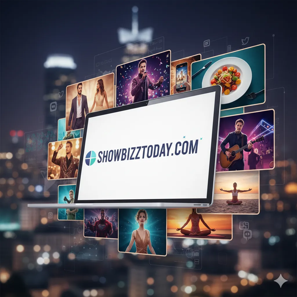 Laptop displaying Showbizztoday.com logo, surrounded by floating screens showing diverse entertainment content like celebrities, music, film, fashion, and lifestyle elements against a blurred city skyline.