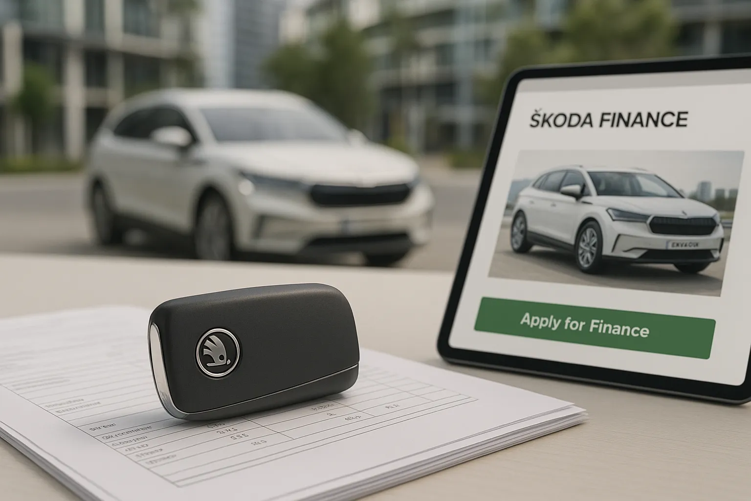 A Skoda car key fob sitting on a Skoda Finance contract and tablet, with a new Skoda Enyaq EV in the background on an Australian city street.