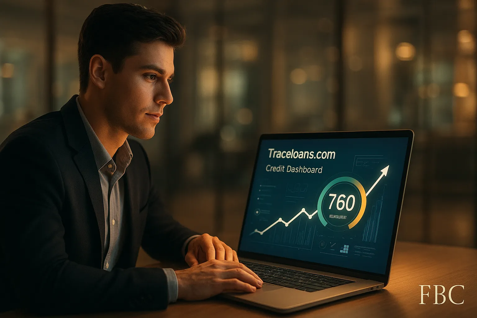 A young professional viewing their real-time traceloans.com credit score on a glowing laptop screen in a modern workspace, symbolizing smart and fast credit improvement — with FBC watermark in bottom right.