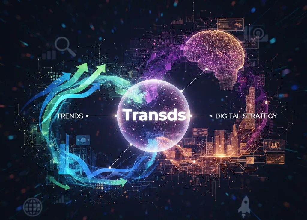 Futuristic graphic showing the Transds concept as a central orb connecting arrows representing Trends, a digital cityscape representing Digital Strategy, and a glowing brain representing Data Science.