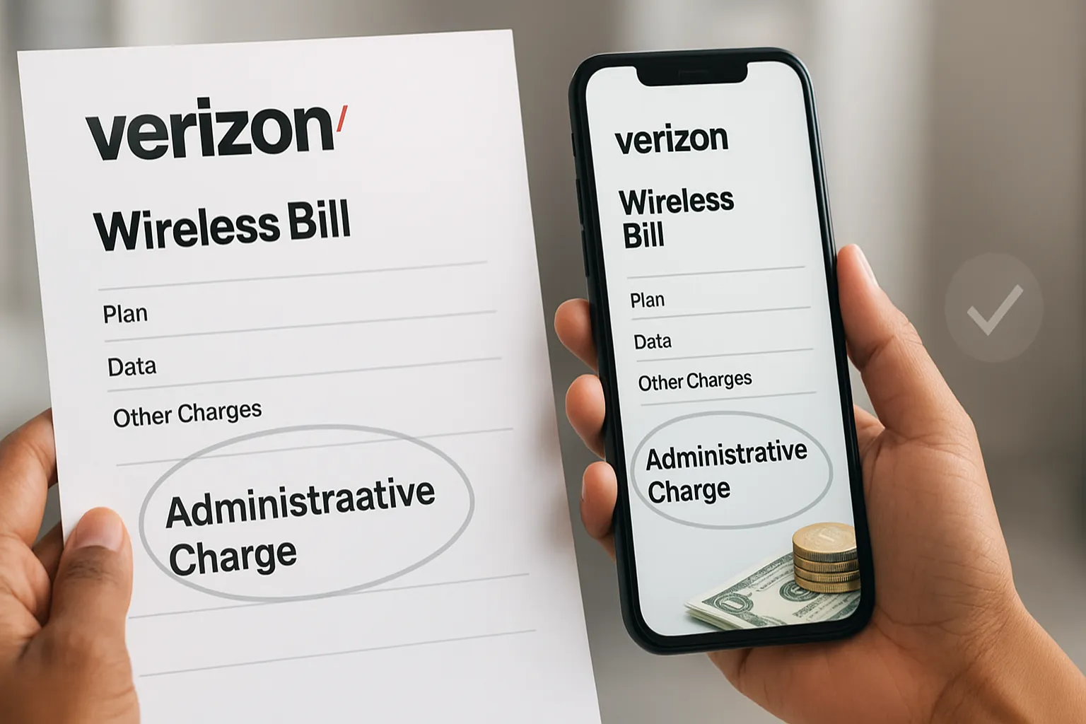 Verizon administrative settlement payment showing a highlighted administrative charge on a wireless bill and a small refund amount.