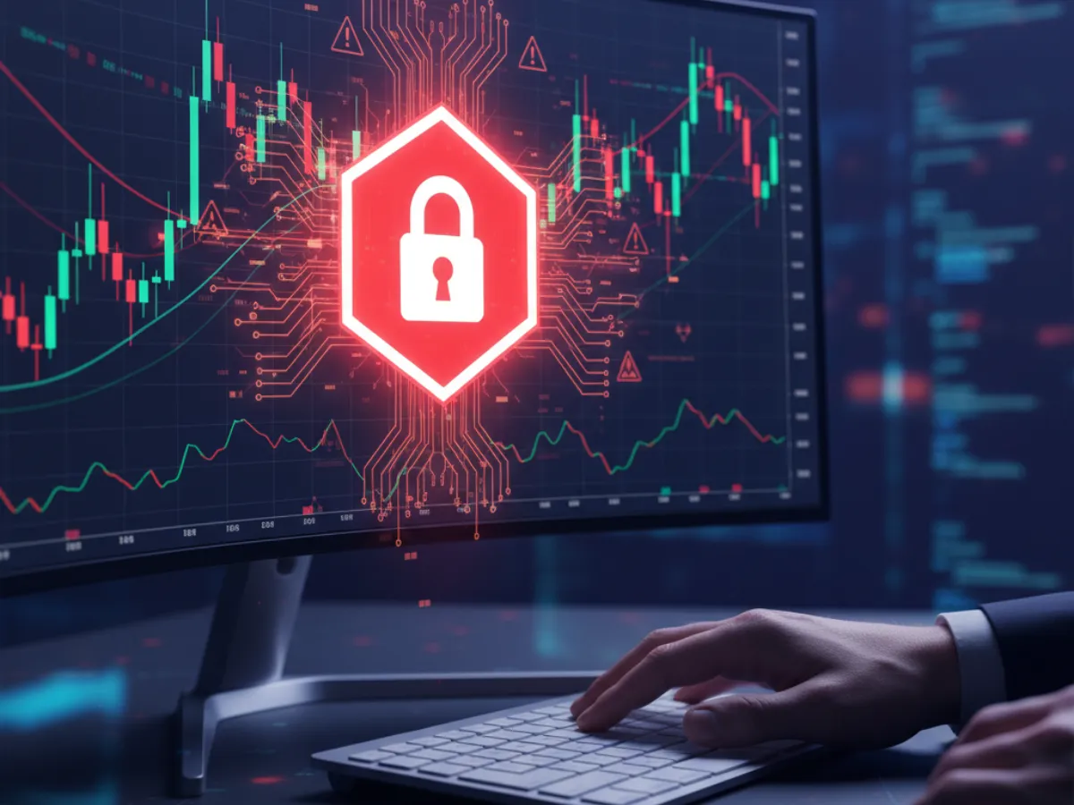 Red padlock over a crypto chart, symbolizing an itradercoin.com safety alert and the need for vetting trading platforms.