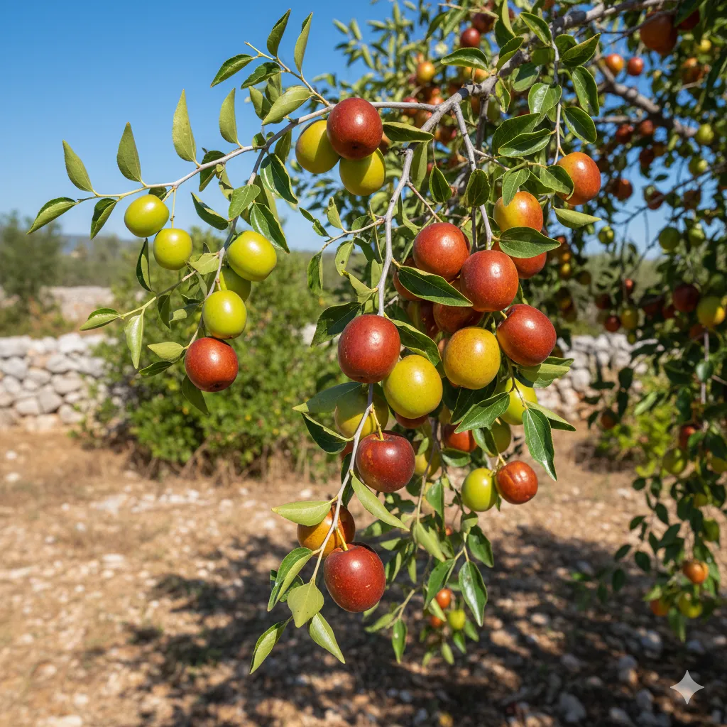 Close-up view of žižole fruit in varying stages of ripeness (green to red-brown) hanging from the thorny branches of the Ziziphus jujuba tree.