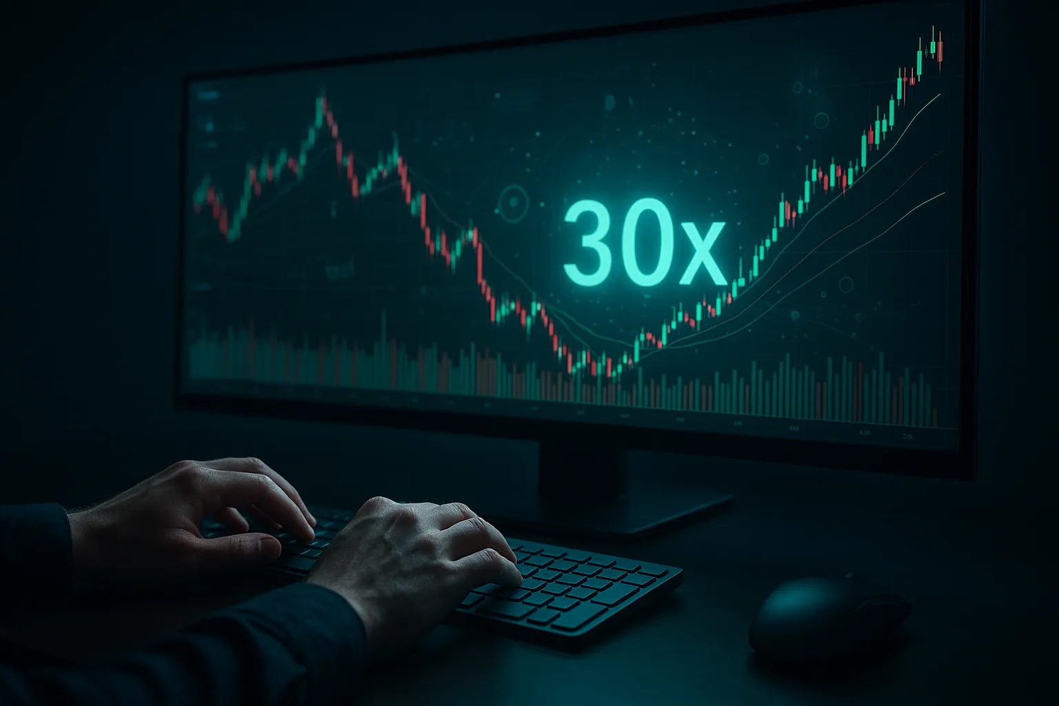 Expert trader using Crypto30x com interface on a curved monitor, showing 30x leverage data and advanced AI crypto charts at night.