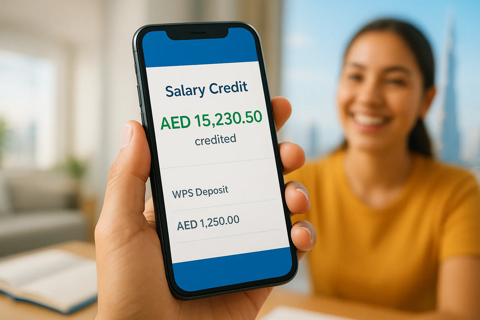 Hand holding a phone with the FAB app confirming a WPS FAB Salary Check deposit in a Dubai financial district setting.