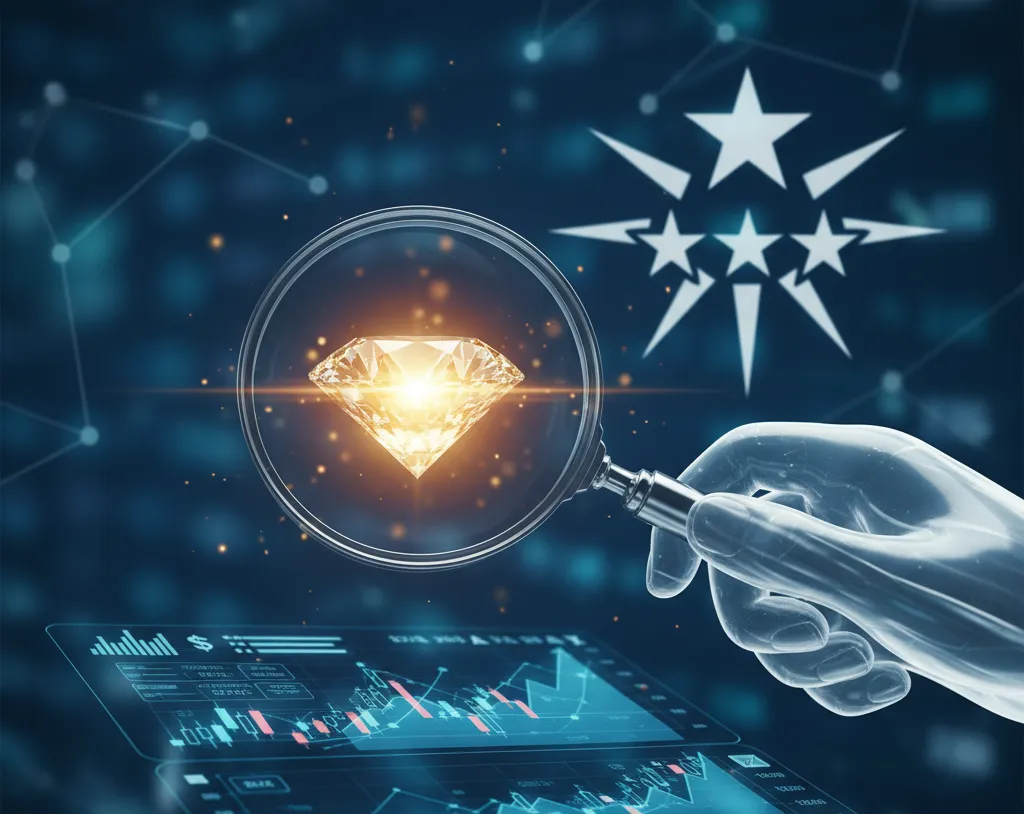 Magnifying glass illuminating a shining diamond, symbolizing the discovery of 5starsstocks.com value stocks on a financial data interface.