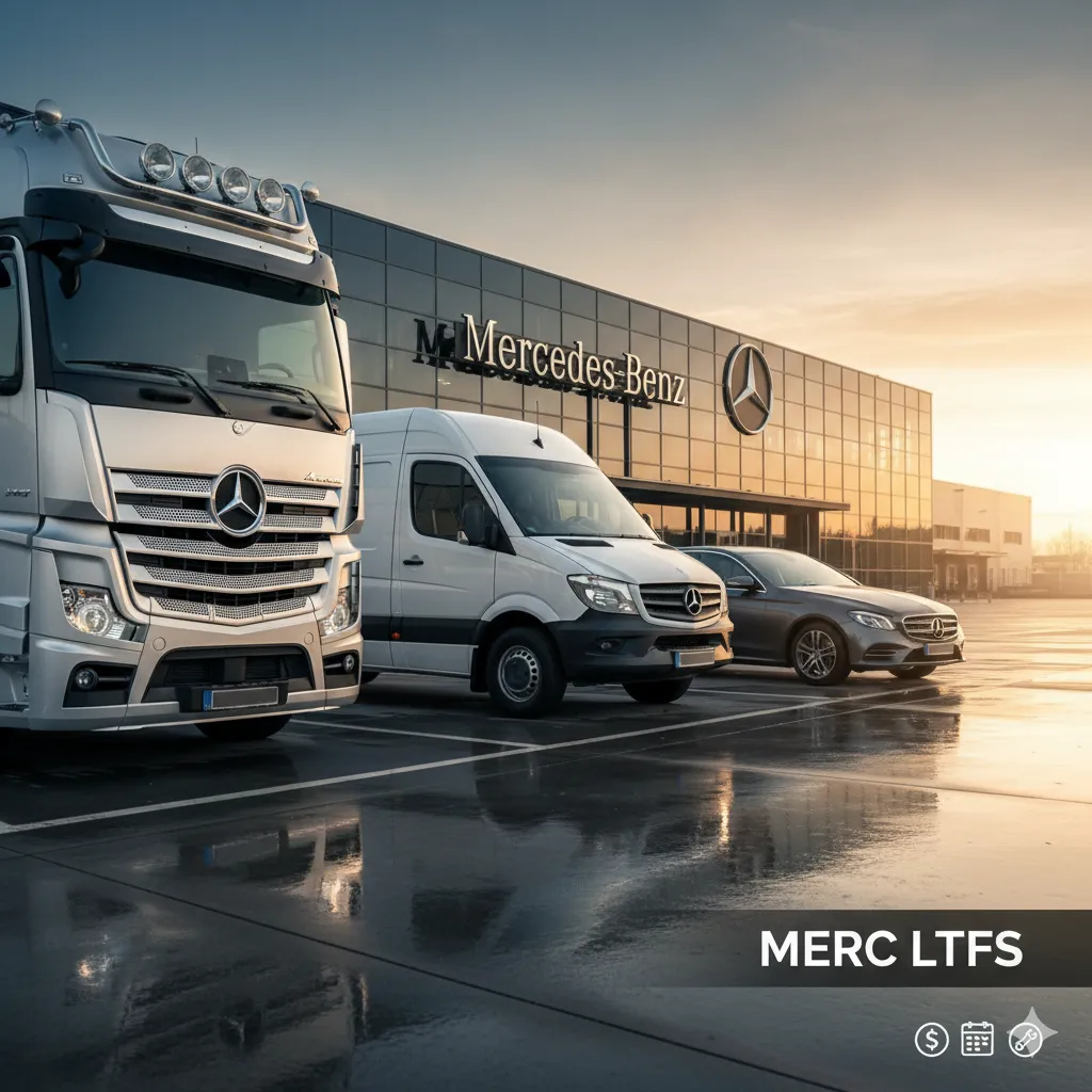 Mercedes-Benz Actros truck, Sprinter van, and E-Class sedan parked outside a dealership, representing MERC LTFS commercial financing and leasing solutions.