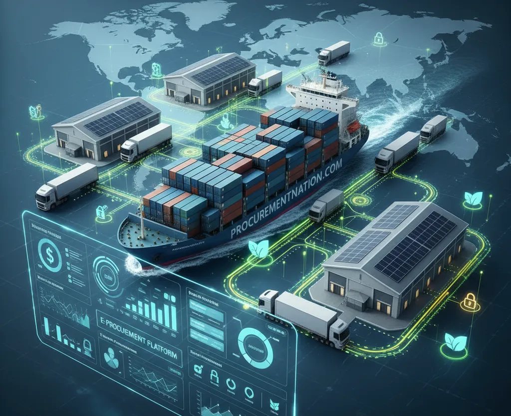 Digital overview showing a container ship, trucks, and warehouses connected by data lines, illustrating e-procurement and modern logistics for ProcurementNation.com.